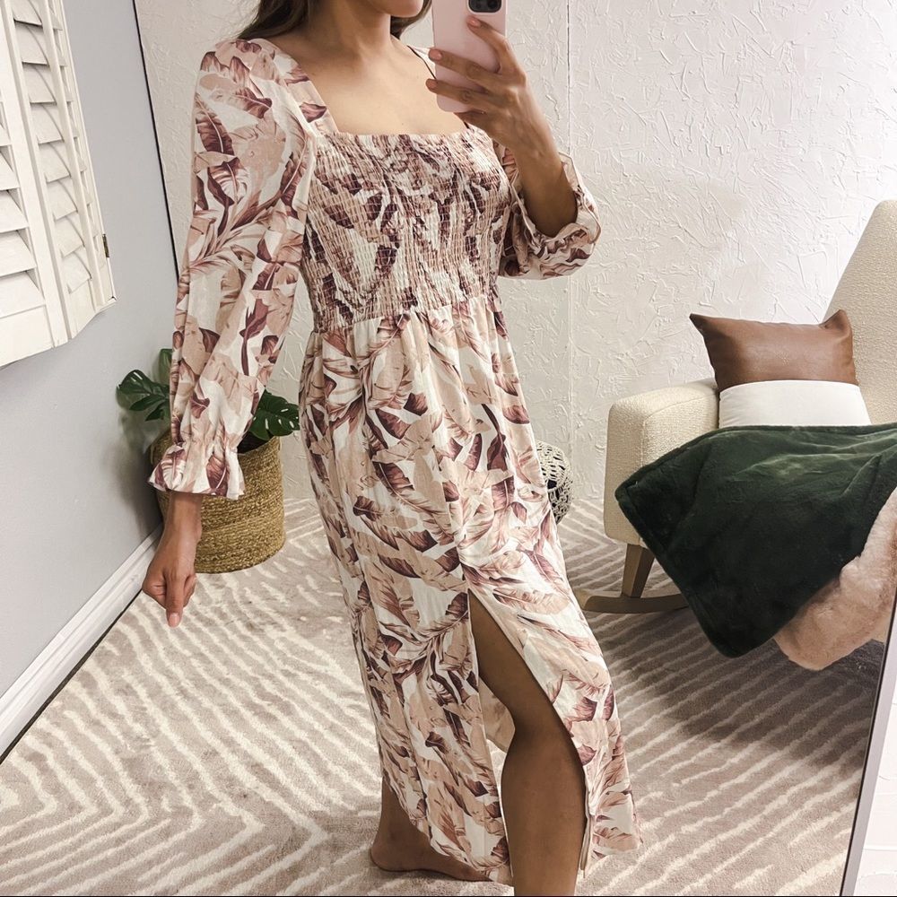 House of Harlow 1960 Womens Large Dress Midi Pink Floral Leaves Puff Sleeves